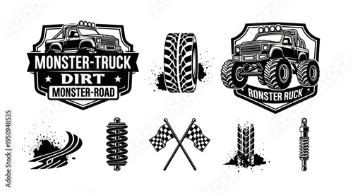 Black and White Vector Icons of Monster Trucks, Tires, and Racing Flags