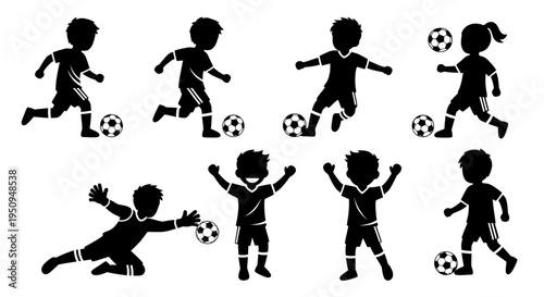 Black  White Soccer Kids Silhouettes, Children Playing Football Vector Art