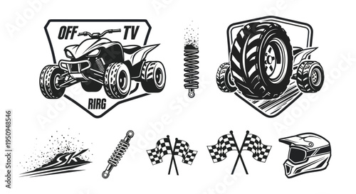 Off-road ATV quad bike, racing tire, shock absorber, flags and helmet