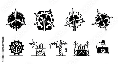 Set of 8 vector icons related to renewable energy and industry