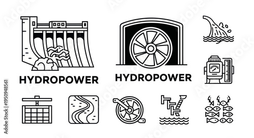 Hydropower icons: Dam, turbine, water flow, generator, fish, industry