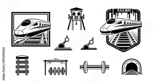 Black and white railway icons: high-speed train, signal, track elements