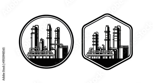 Industrial Plant Silhouette, Oil Refinery Icon, Chemical Factory Symbol