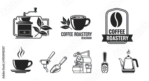 Black  White Coffee Roastery Icons: Grinder, Bean, Cup, Roaster Machine, Kettle