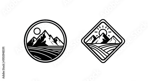 Mountain Landscape Logo, Circle and Diamond Shapes, Black and White Line Art