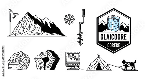 Black and White Line Art Icons of Ice Core Sample, Mountains, and Arctic Equipment