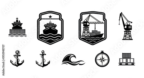Nautical and Maritime Icons: Ships, Anchors, Crane, Compass, Waves, Cargo