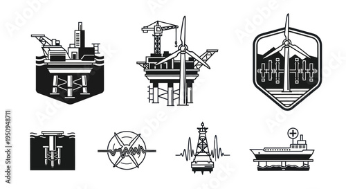 Offshore oil rig and wind turbine industry icons in black and white line art style