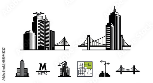 Black and White Cityscape Icons: Buildings and Bridges, Vector Art