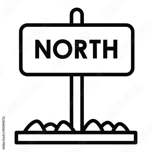 Black and white illustration of north directional sign on pole outdoors icon