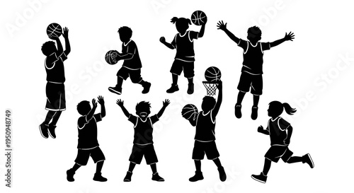 Black  White Silhouette of Kids Playing Basketball