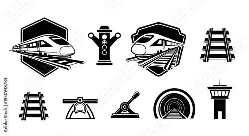 Set of Black and White Icons Representing Train Travel and Railway Elements