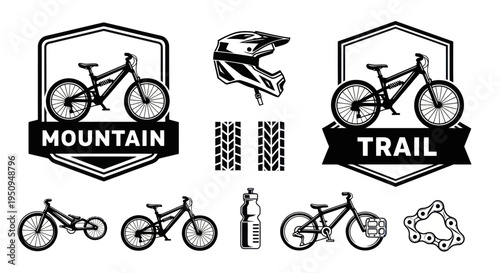 Black and White Vector Icons for Mountain and Trail Biking, Sports