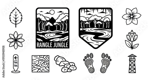 Black and White Line Art Icons of Nature, Jungle, and Trails
