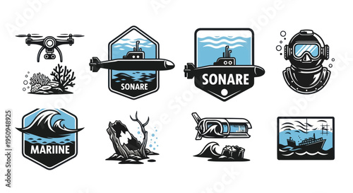 Underwater Marine Vector Icons: Submarine, Drone, Diver, Ship