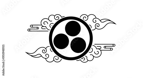 A black and white illustration of a Japanese taiko drum symbol surrounded by stylized clouds.