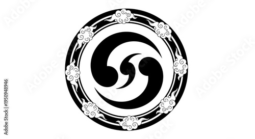 Black and white circular emblem with swirling tomoe-like design and cloud patterns.