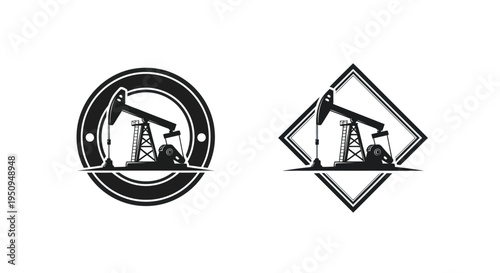 Black and White Oil Pumpjack Icon in Circle and Diamond Shapes