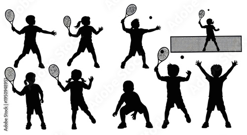 Black Silhouette of Children Playing Tennis, Sports Vector