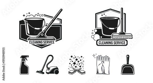 Cleaning Service Icons: Bucket, Mop, Vacuum, Gloves, Dustpan, Black and White