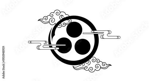 A black and white illustration of a Japanese mon symbol with swirling clouds.