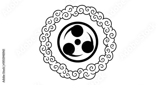 Black and white Japanese mitsudomoe symbol surrounded by traditional cloud patterns.