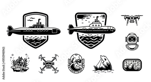 Black  White Icons: Submarine, Drone, Diver, Shipwreck, Coral, Nautical Symbols