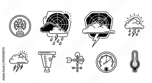 Weather Icons Set: Line Art Illustrations of Meteorology Symbols