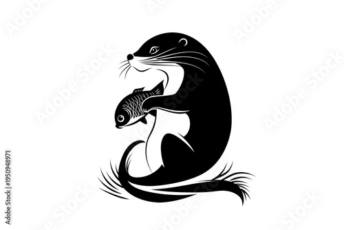 Otter Embrace: A graceful otter cradles a fish, showcasing the beauty of the wildlife and ecosystem in an elegant, monochrome composition.