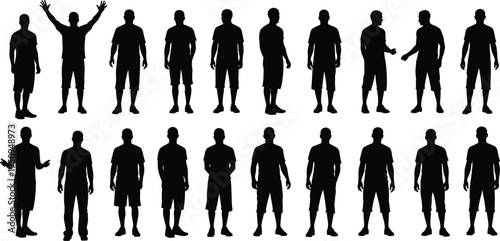 Set of Male Silhouettes in Various Poses Including Standing Walking Gesturing Celebrating and Shaking Hands for Infographic Design and Projects