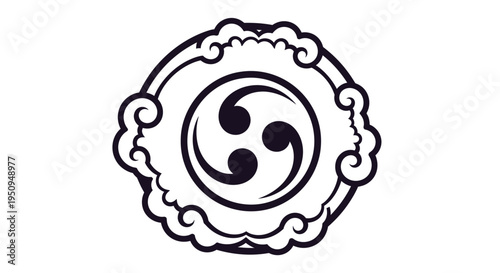 A black and white illustration of a Japanese mon, a circular crest with three comma-shaped figures.