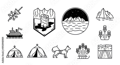 Arctic Expedition Icons: Ship, Tent, Dog Sled, Mountains, Microphones, Ice Line Art