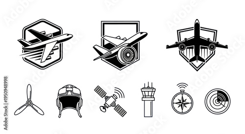 Aviation Icons: Airplane, Compass, Radar, Control Tower, Propeller, Helmet, Satellite