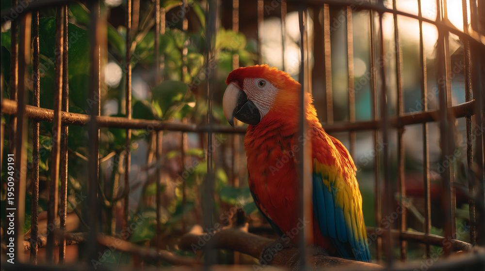 Obraz premium Red macaw parrot in cage: colorful bird pet photography and exotic animal wildlife species conservation image