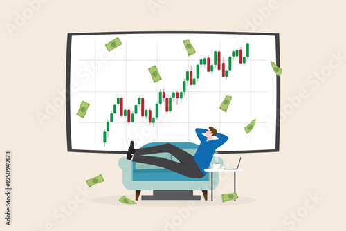 Passive income investor relaxing on sofa watching rising stock market chart and profit money flying