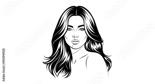 Illustration of a woman with long, glossy hair cascading over her shoulders, monochrome style on a white background
