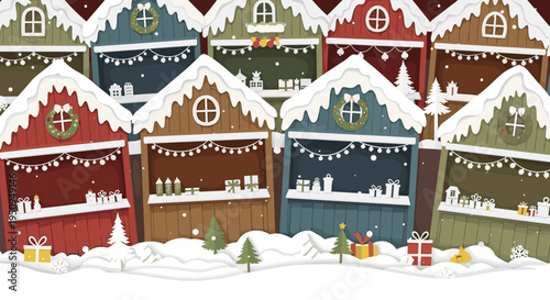 Festive Christmas market stalls with colorful wooden booths adorned with snow and twinkling lights, surrounded by gifts and trees in a winter wonderland setting