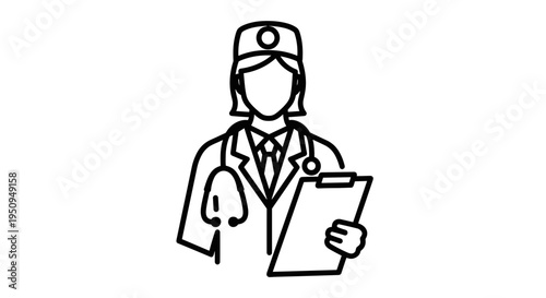 Black and white illustration of a doctor holding a clipboard, wearing a stethoscope and cap, simple line art on white background