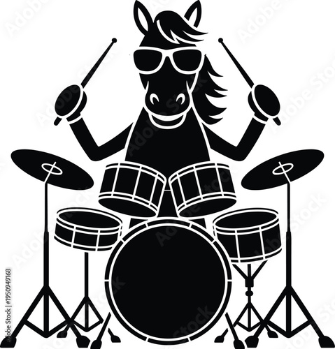 Cool cartoon horse mascot playing drum set wearing sunglasses black and white vector silhouette for rock music and band design