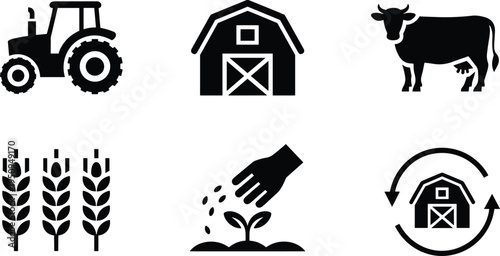 Set of agriculture farming icons including tractor barn cow wheat planting hand and sustainable farm cycle symbols for rural agronomy and organic agriculture design