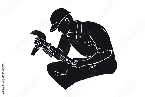 Plumber at Work: A silhouette of a focused plumber is diligently working on a pipe, wearing a safety hat and holding tools. This image conveys the essential skills of plumbing.