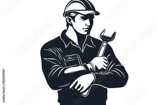 Confident Engineer: A focused engineer, donned in work attire, confidently holds a wrench. Capturing a blend of expertise, dedication, and precision.