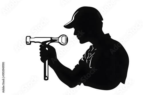 Craftsman's Silhouette with Tools: A striking silhouette of a craftsman, skillfully holding a wrench and a hammer. This image embodies skill, manual labor, and the essence of craftsmanship.