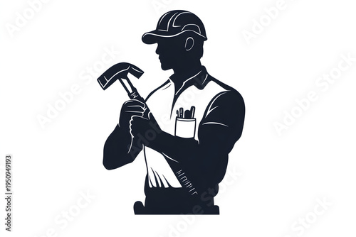 Hammer in Hand: A skilled construction worker, silhouetted against a plain backdrop, confidently wields a hammer, symbolizing the dedication and craftsmanship of a seasoned professional.