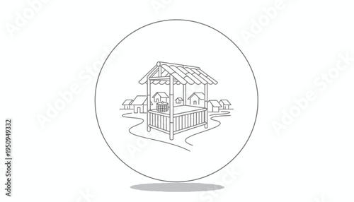 Village Well with Houses and Path - Rural Water Source Illustration
