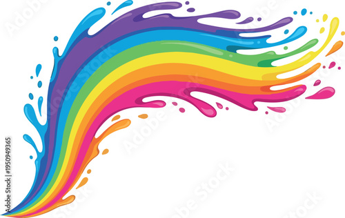 A vibrant rainbow splash of colors erupting from a curved spray, symbolizing joy, creativity, and a burst of imagination