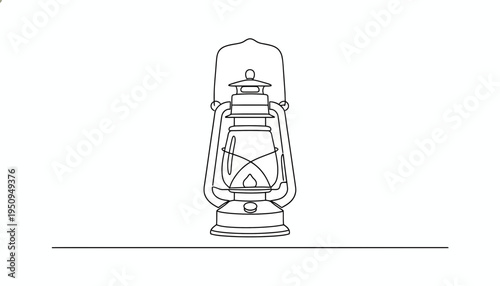 Vintage kerosene lantern with flame, old oil lamp, retro lighting, black and white outline illustration