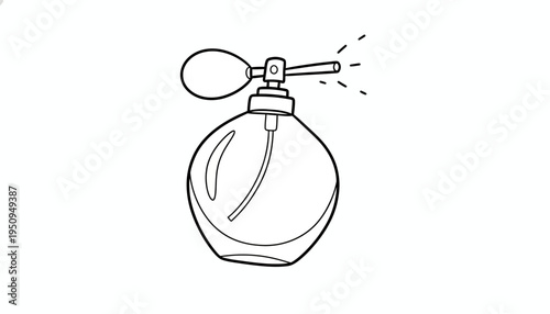 Vintage Perfume Bottle Atomizer Spraying Fragrance, Black and White Line Art