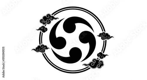 Black and white Japanese mitsudomoe symbol with swirling clouds in a circular design.