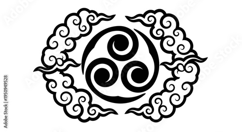 A black and white Japanese mitsudomoe symbol surrounded by swirling cloud patterns.